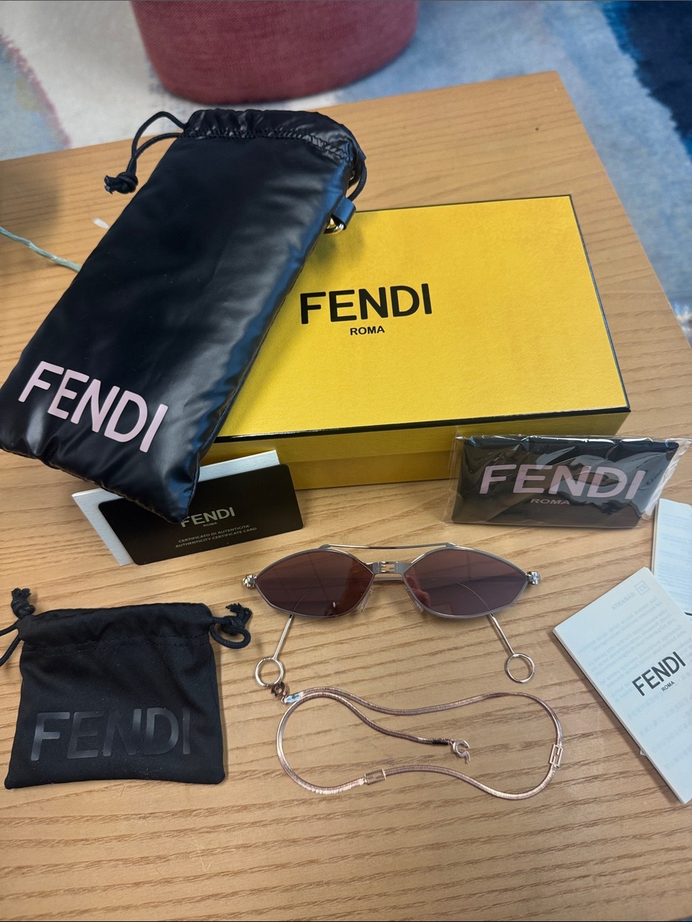 Fendi Rose-Tinted Geometric Metal Sunglasses with Rose Gold Chain - Picture 2 of 11